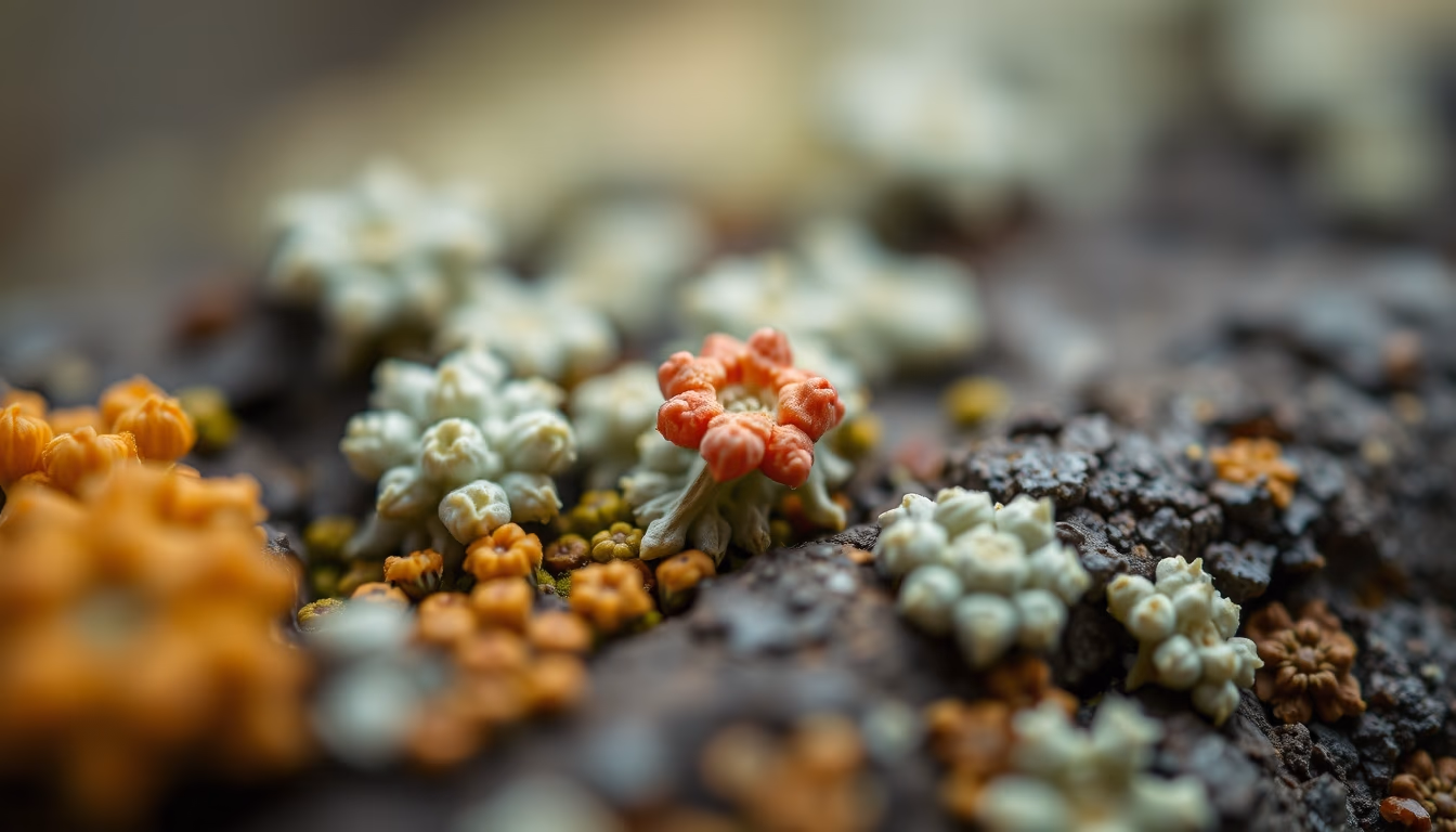 lichens symbiotic close in editorial style