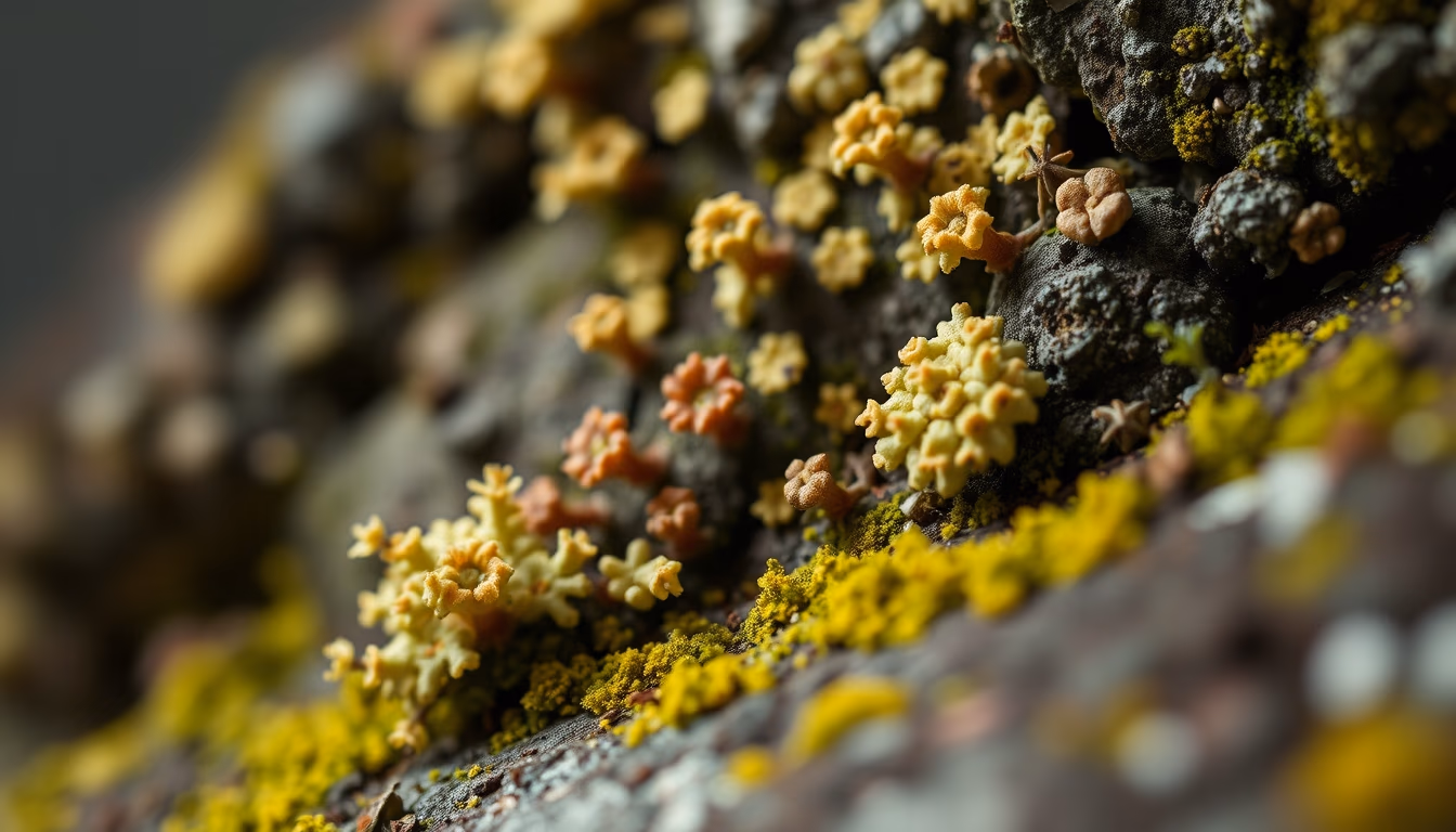 lichens symbiotic close in editorial style