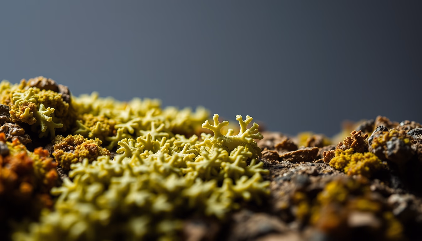 lichens symbiotic close in editorial style