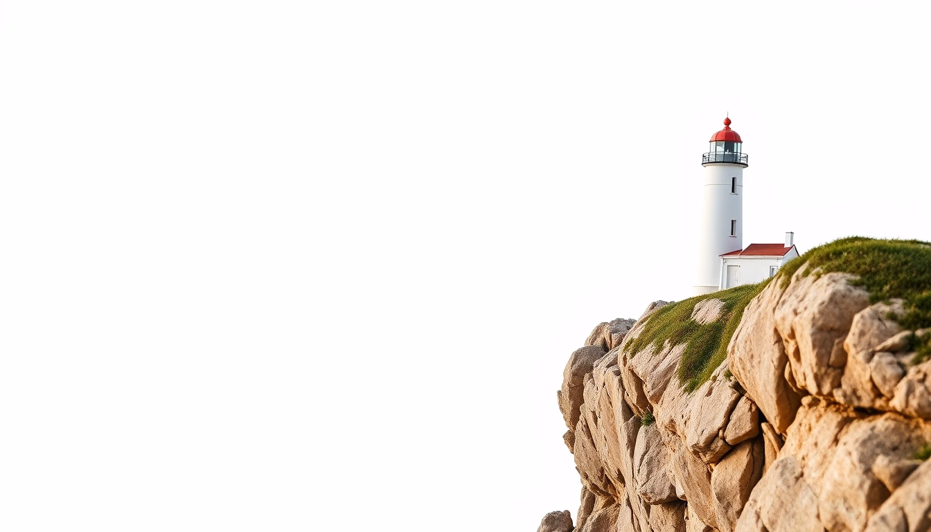 lighthouse on rocky cliff in editorial style