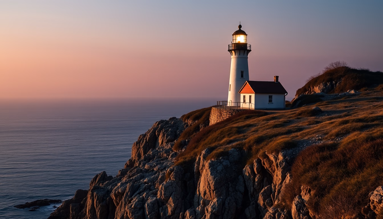 Lighthouse on rocky cliff em estilo editorial