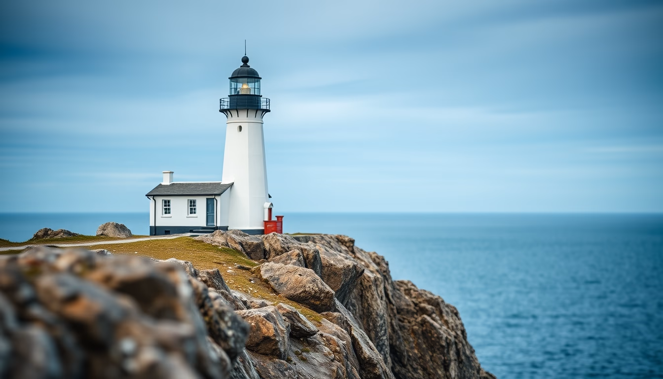 Lighthouse on rocky cliff em estilo editorial
