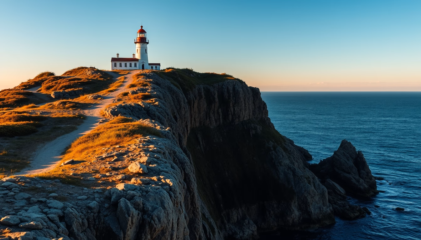 lighthouse on rocky cliff in editorial style