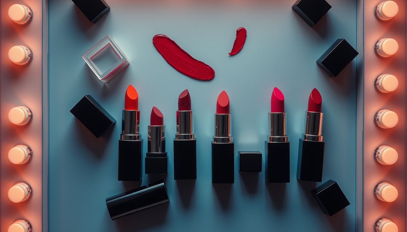 lipstick collection top down in editorial style