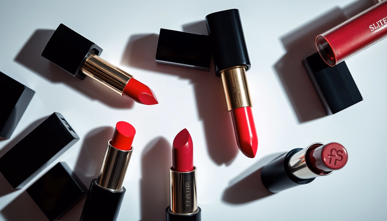 lipstick collection top down in editorial style