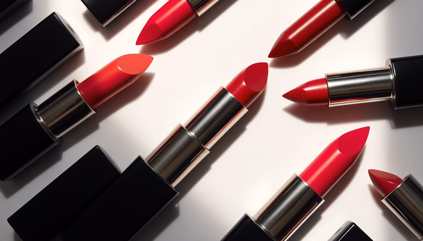 lipstick collection top down in editorial style