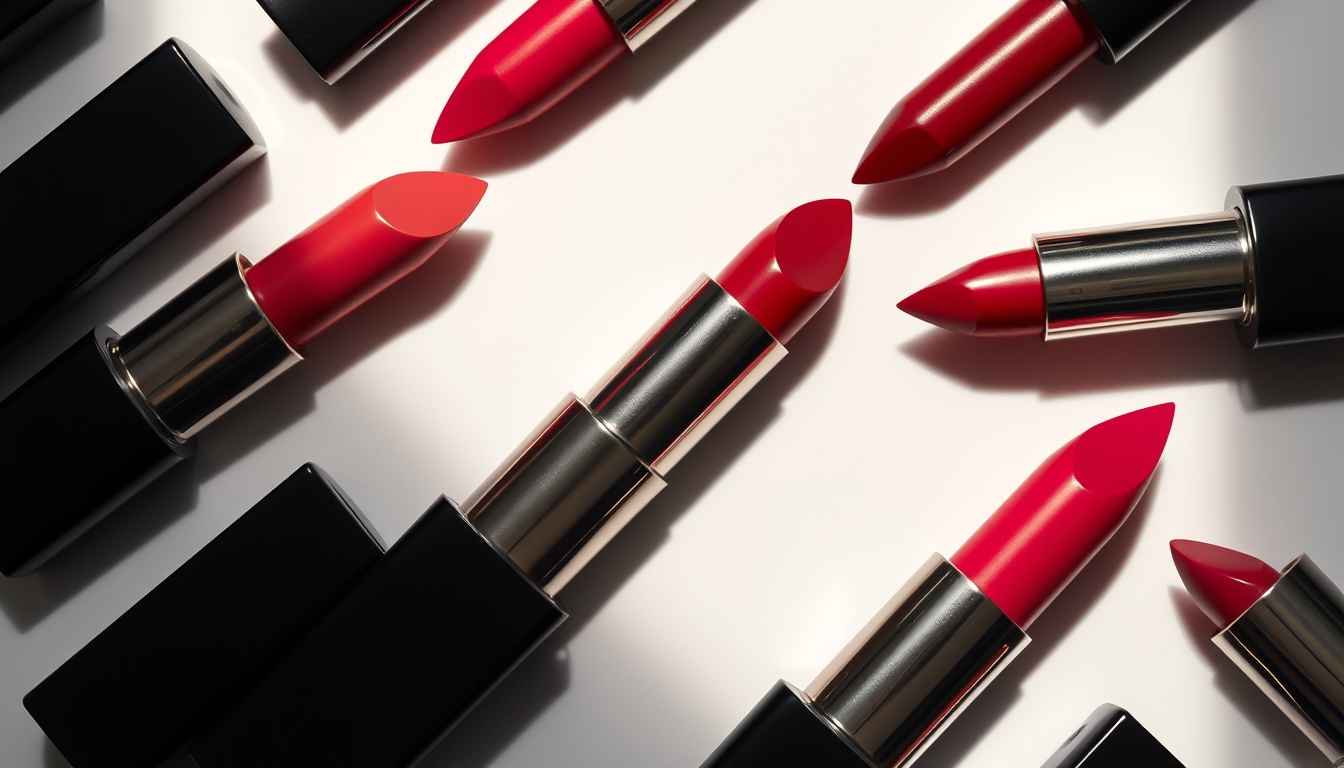 lipstick collection top down in editorial style
