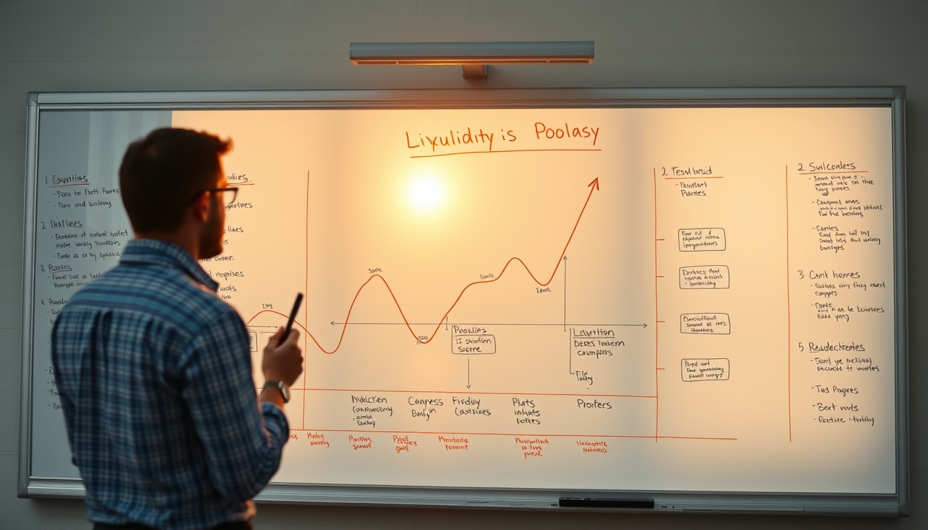liquidity pool diagram on whiteboard in editorial style