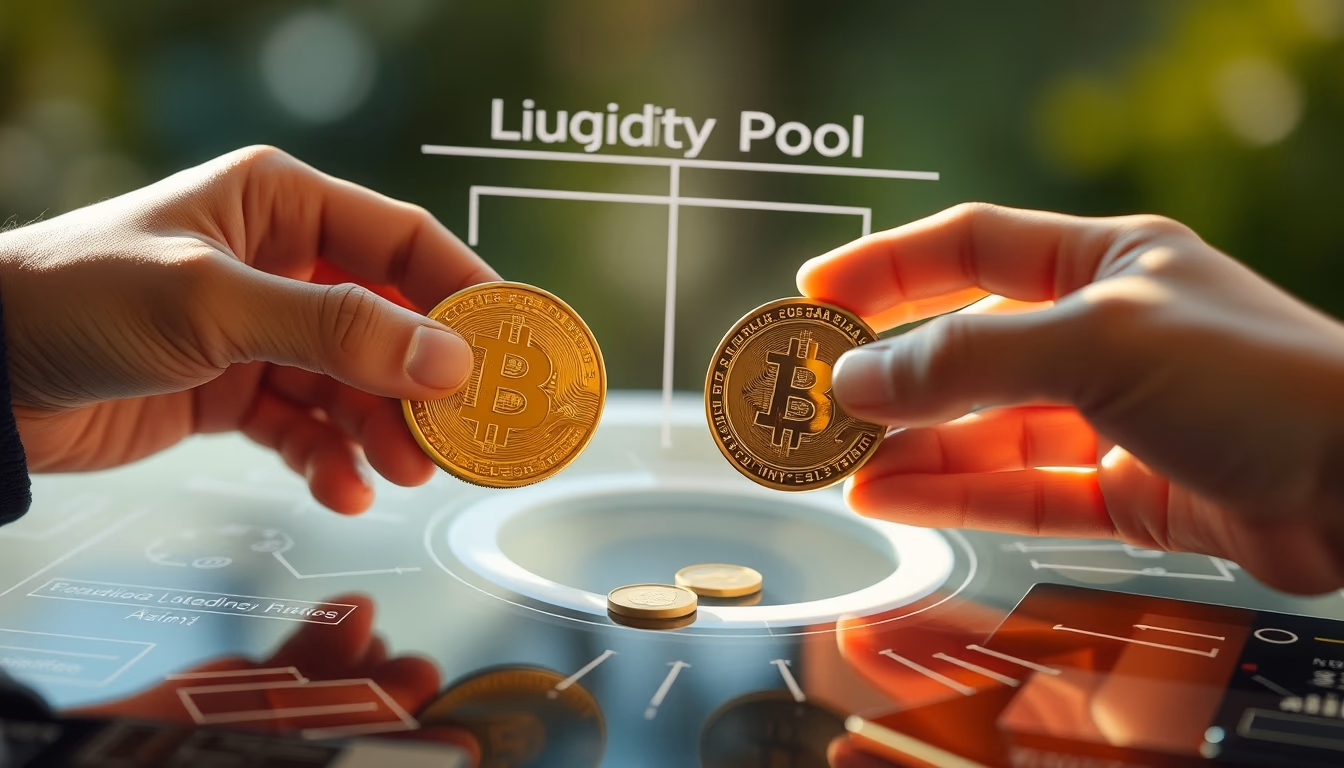 liquidity pool diagram two tokens swapping in AMM visualization in editorial style