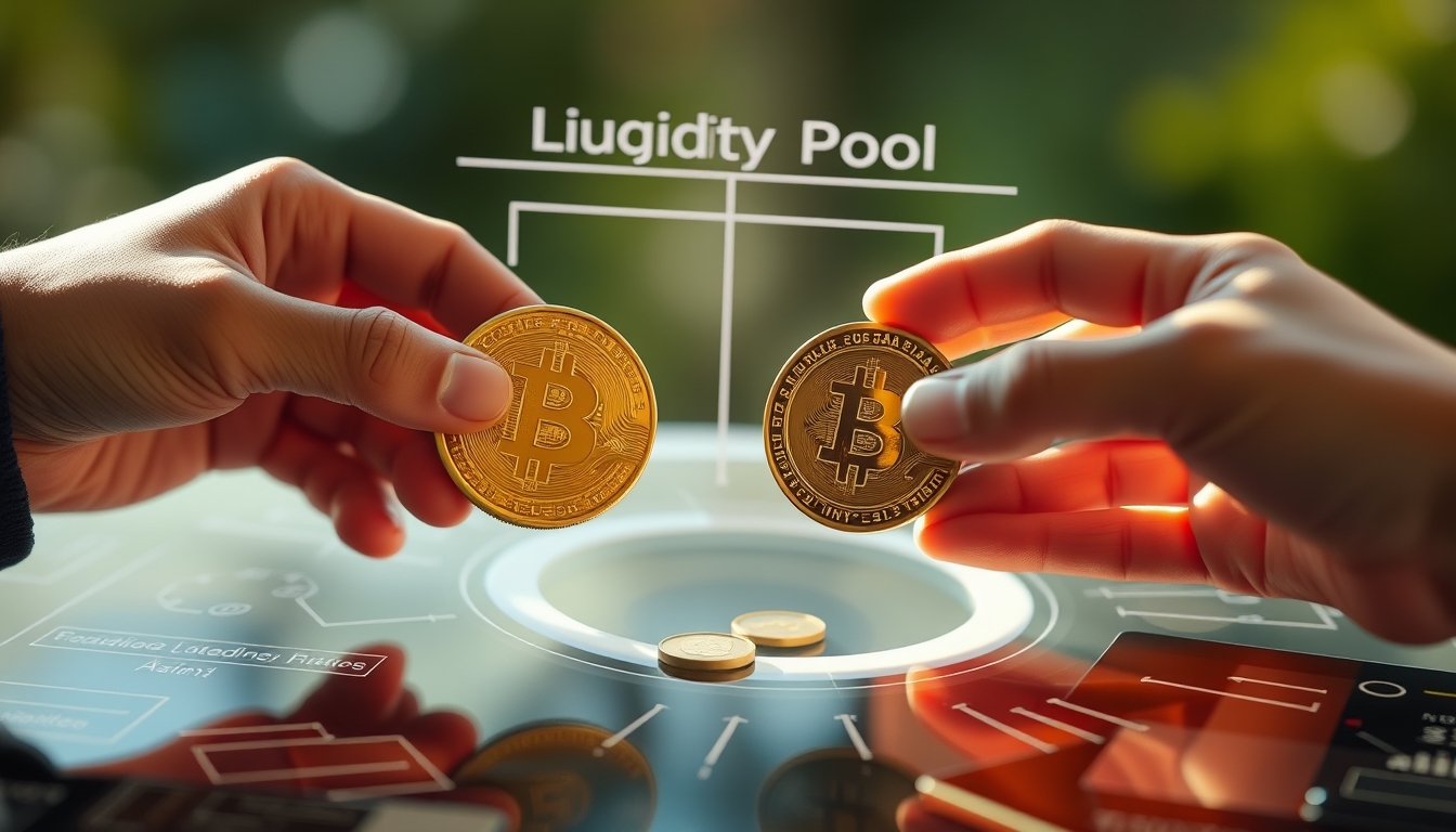 Diagrama de pool de liquidez dois tokens fazendo swap em visualização de AMM em estilo editorial