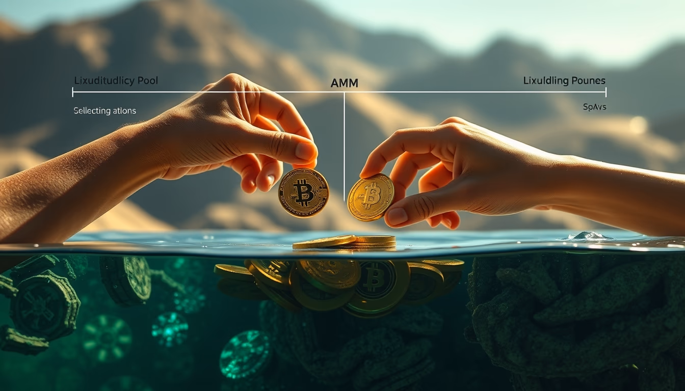 liquidity pool diagram two tokens swapping in AMM visualization in editorial style