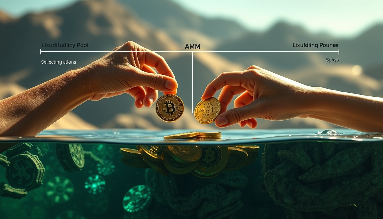 Diagrama de pool de liquidez dois tokens fazendo swap em visualização de AMM em estilo editorial
