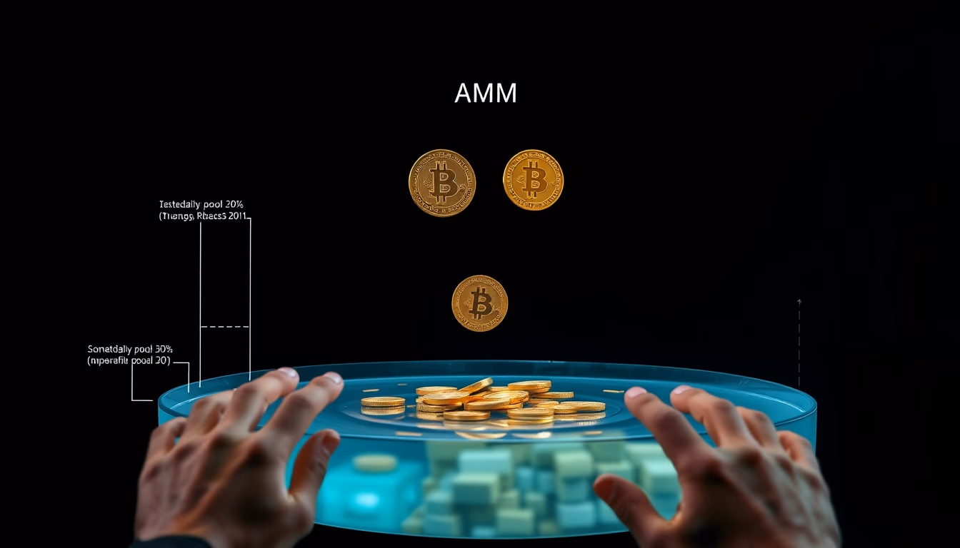 liquidity pool diagram two tokens swapping in AMM visualization in editorial style