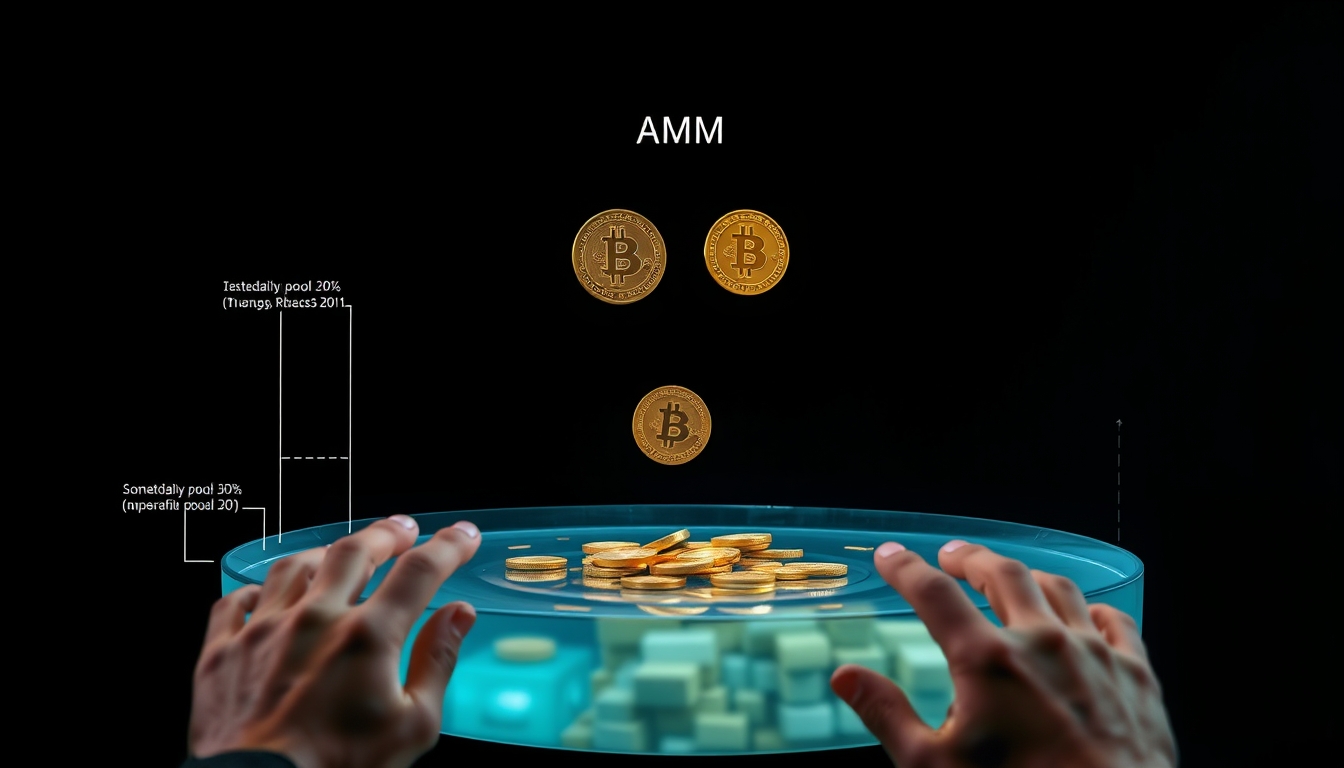Diagrama de pool de liquidez dois tokens fazendo swap em visualização de AMM em estilo editorial