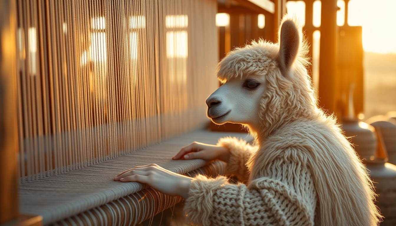 loom weaving alpaca in editorial style