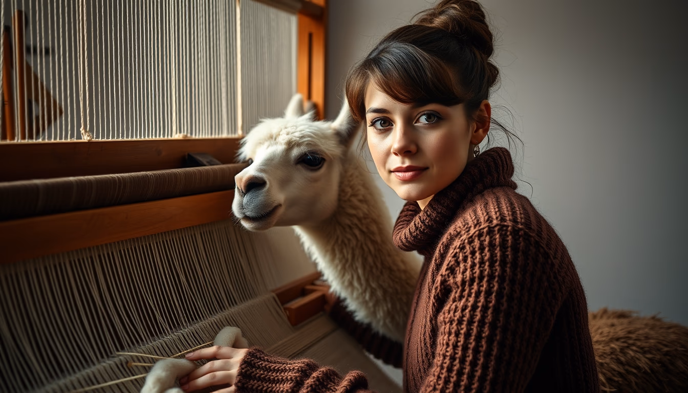 loom weaving alpaca in editorial style