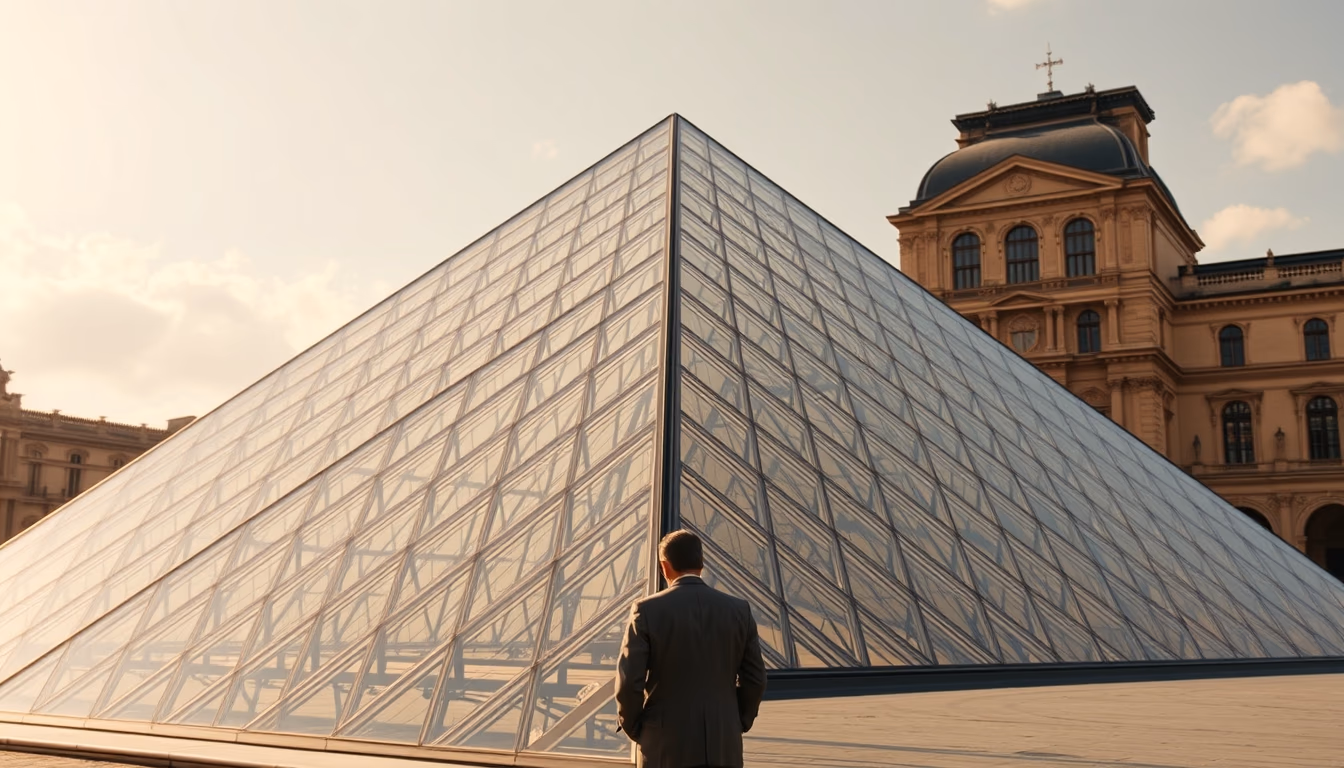 louvre pyramid glass in editorial style
