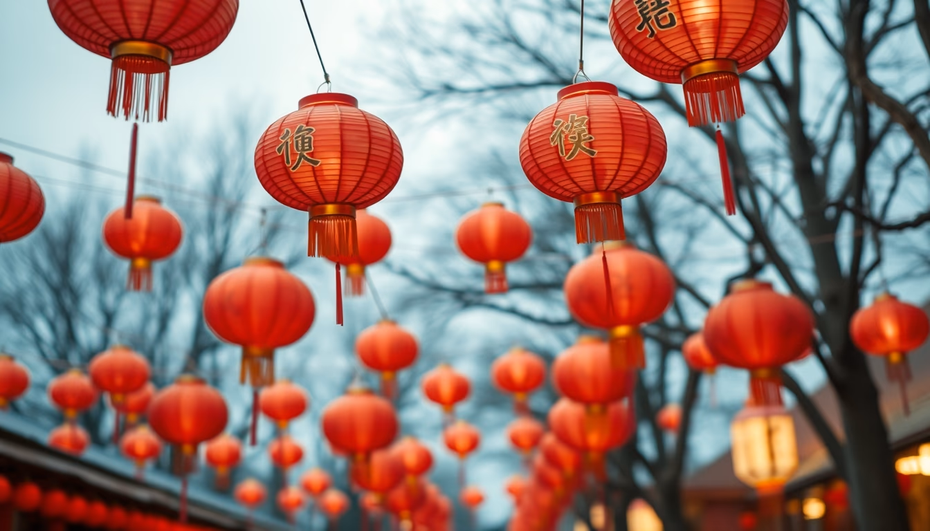 lunar new year red lanterns in editorial style