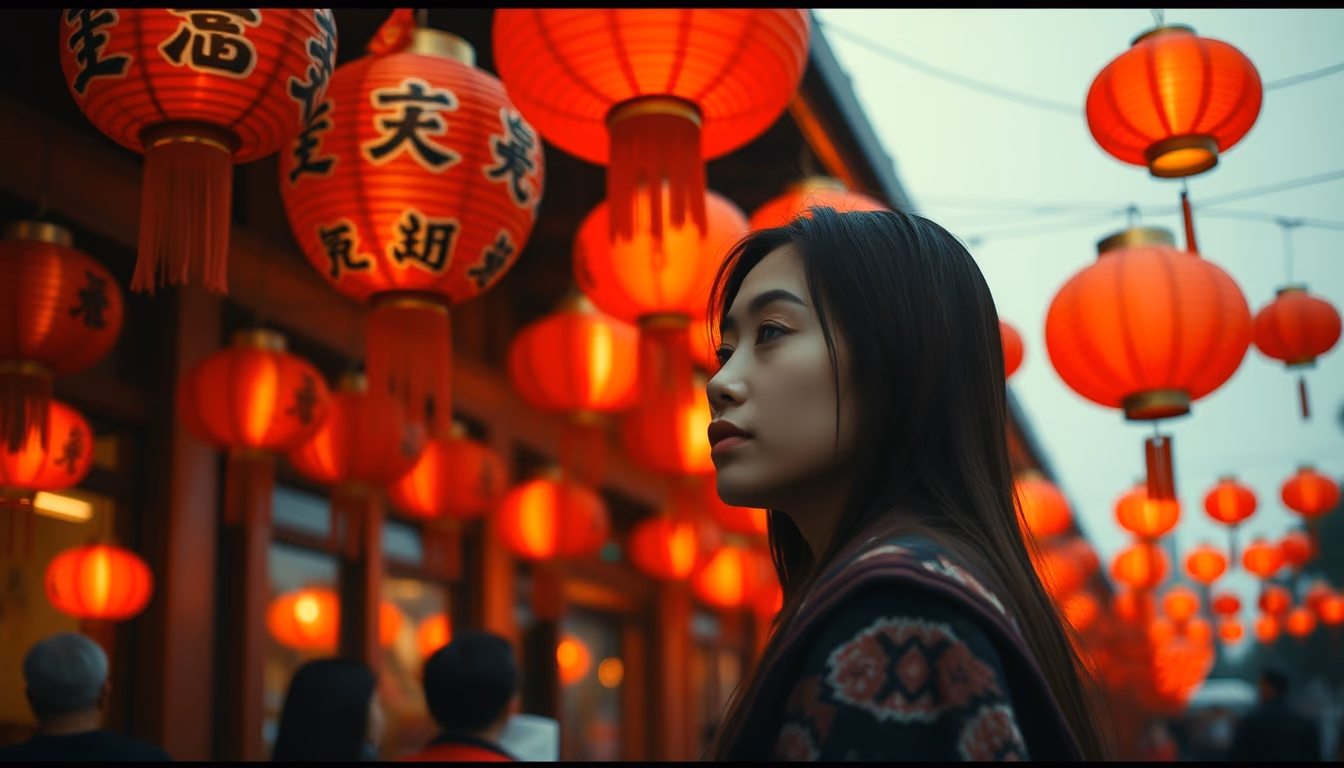 lunar new year red lanterns in editorial style