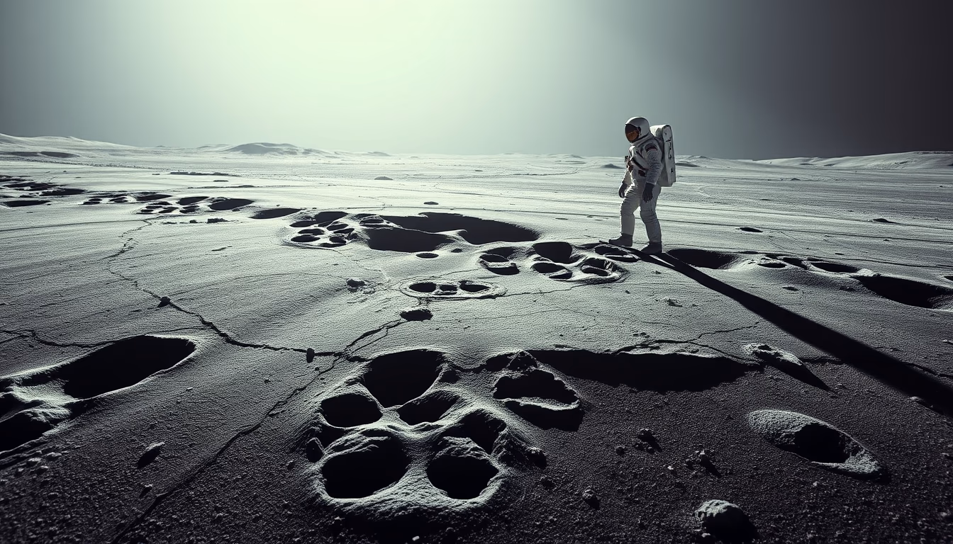 lunar surface astronaut footprint in editorial style