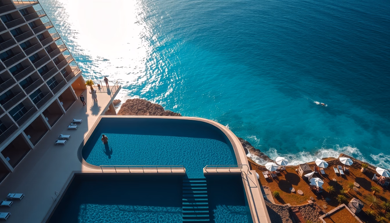luxury hotel pool infinity edge with ocean view in editorial style