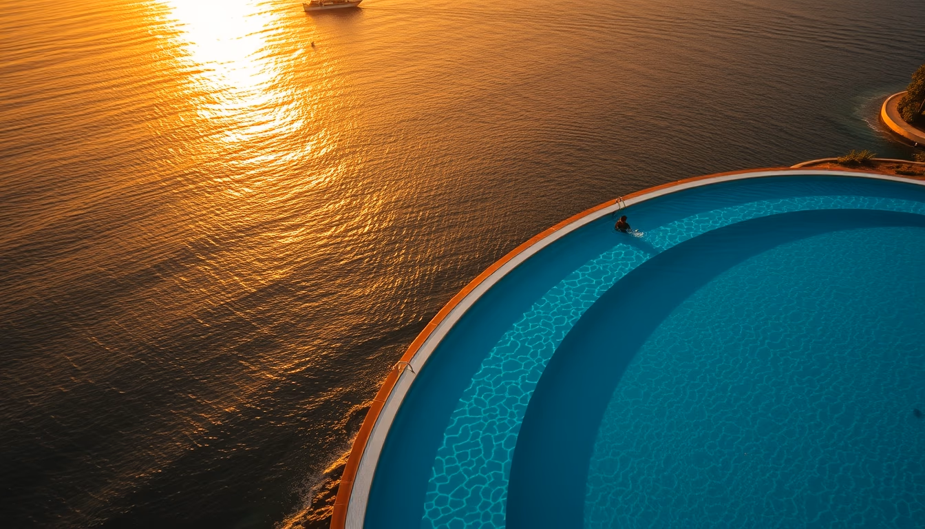 luxury hotel pool infinity edge with ocean view in editorial style