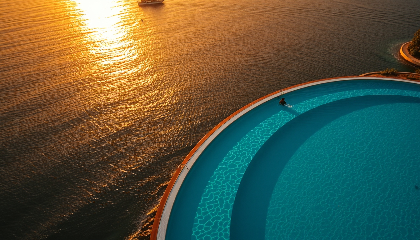Piscina de hotel de luxo borda infinita com vista do oceano em estilo editorial