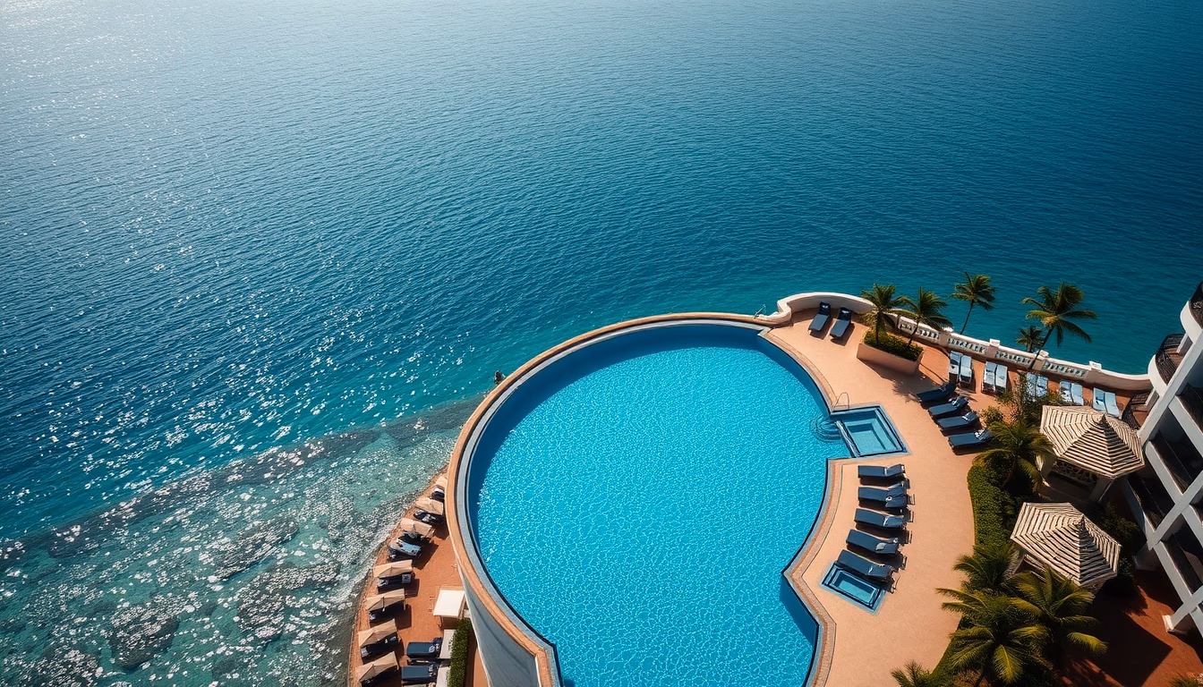 luxury hotel pool infinity edge with ocean view in editorial style