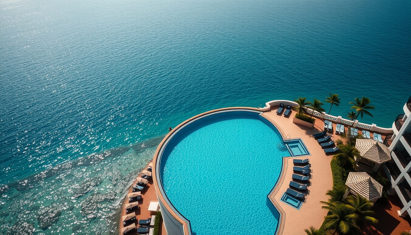 Piscina de hotel de luxo borda infinita com vista do oceano em estilo editorial