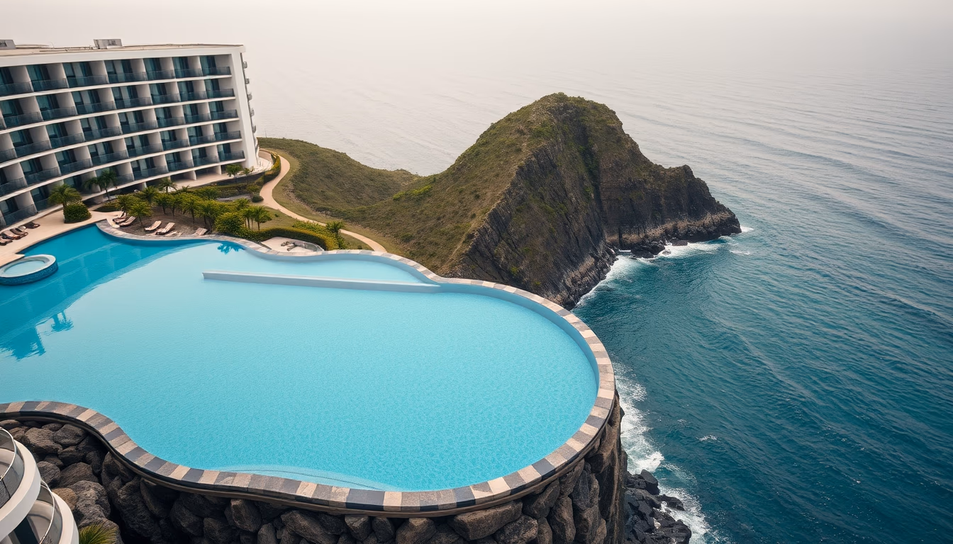 luxury hotel pool infinity edge with ocean view in editorial style