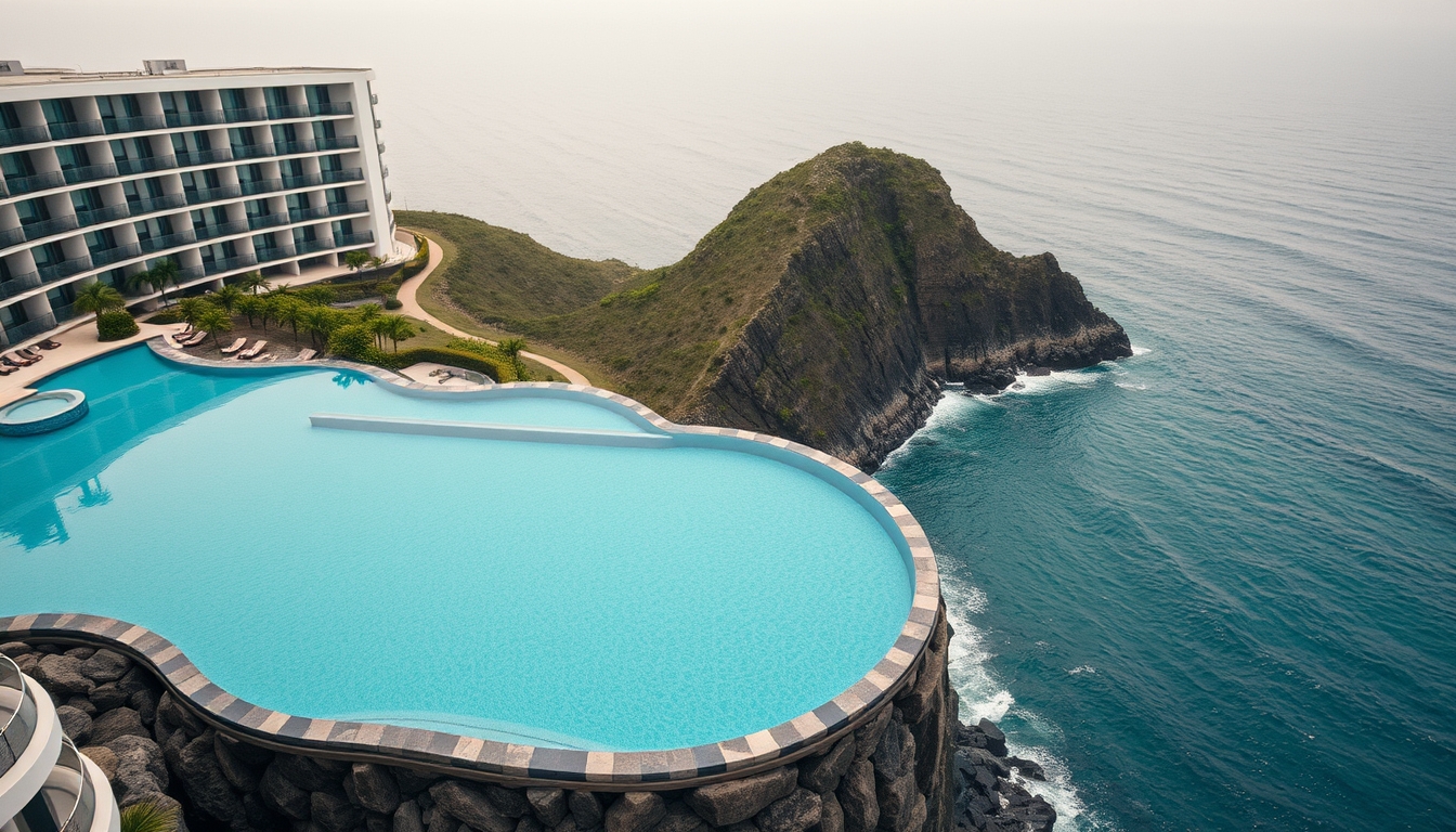 Piscina de hotel de luxo borda infinita com vista do oceano em estilo editorial