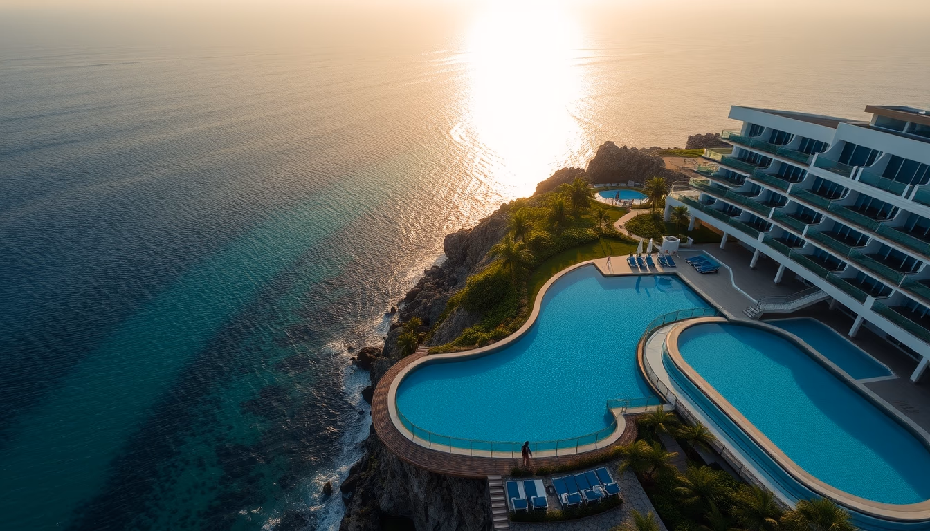 luxury hotel pool infinity edge with ocean view in editorial style