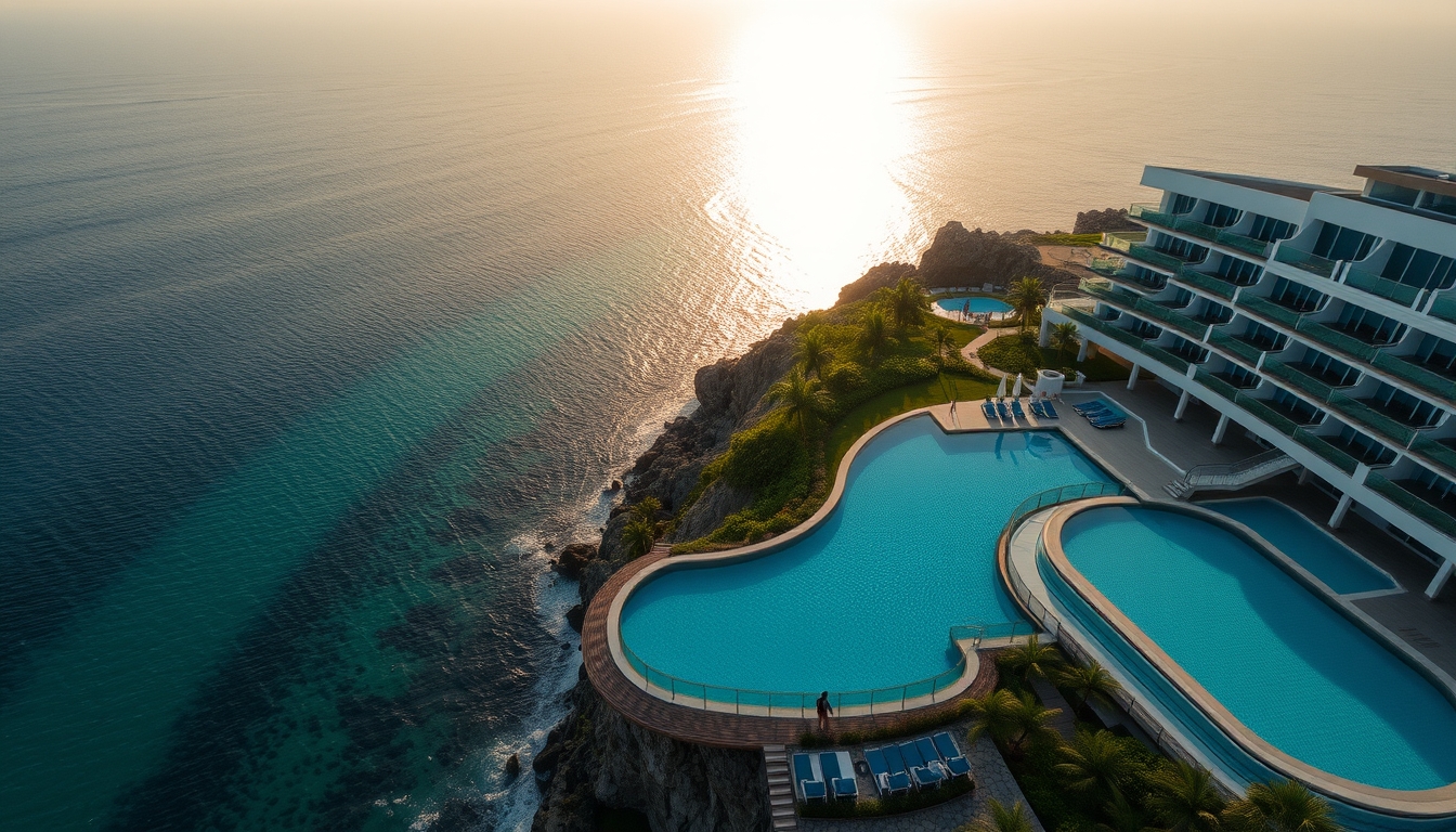 Piscina de hotel de luxo borda infinita com vista do oceano em estilo editorial