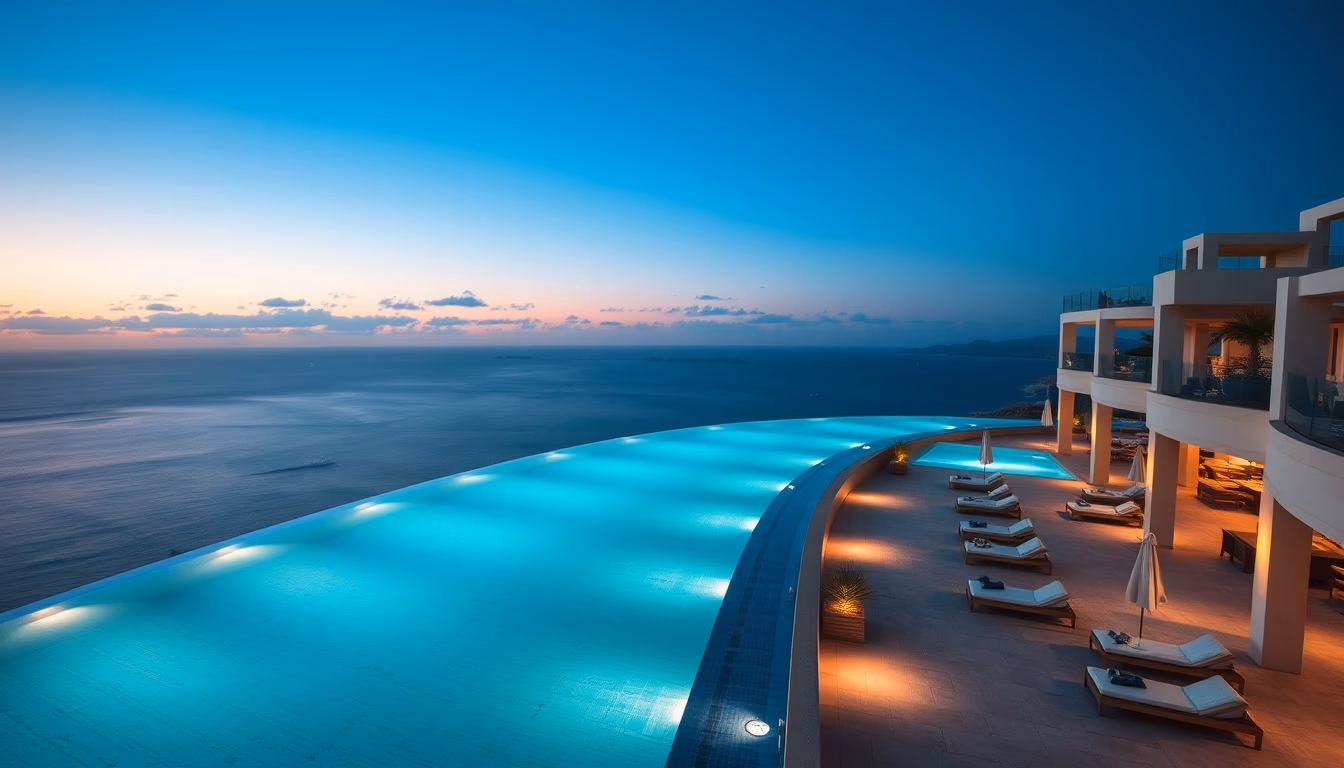 luxury hotel pool infinity edge with ocean view in editorial style