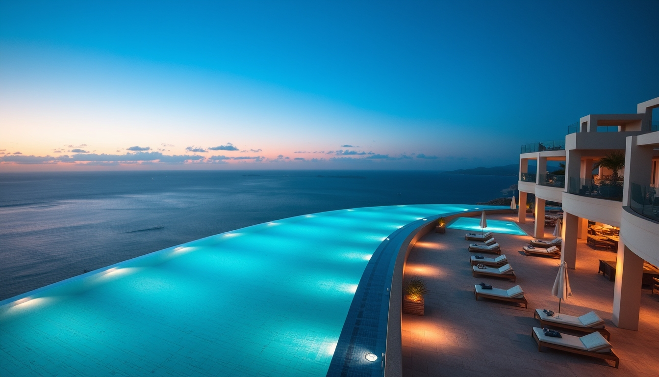 Piscina de hotel de luxo borda infinita com vista do oceano em estilo editorial