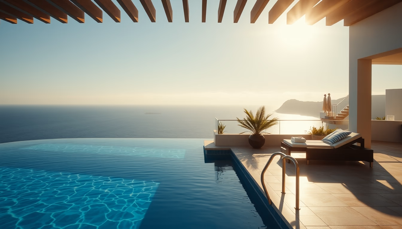 luxury hotel pool infinity edge with ocean view in editorial style