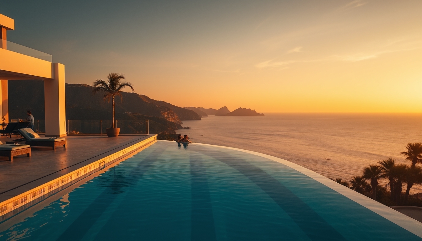 Piscina de hotel de luxo borda infinita com vista do oceano em estilo editorial
