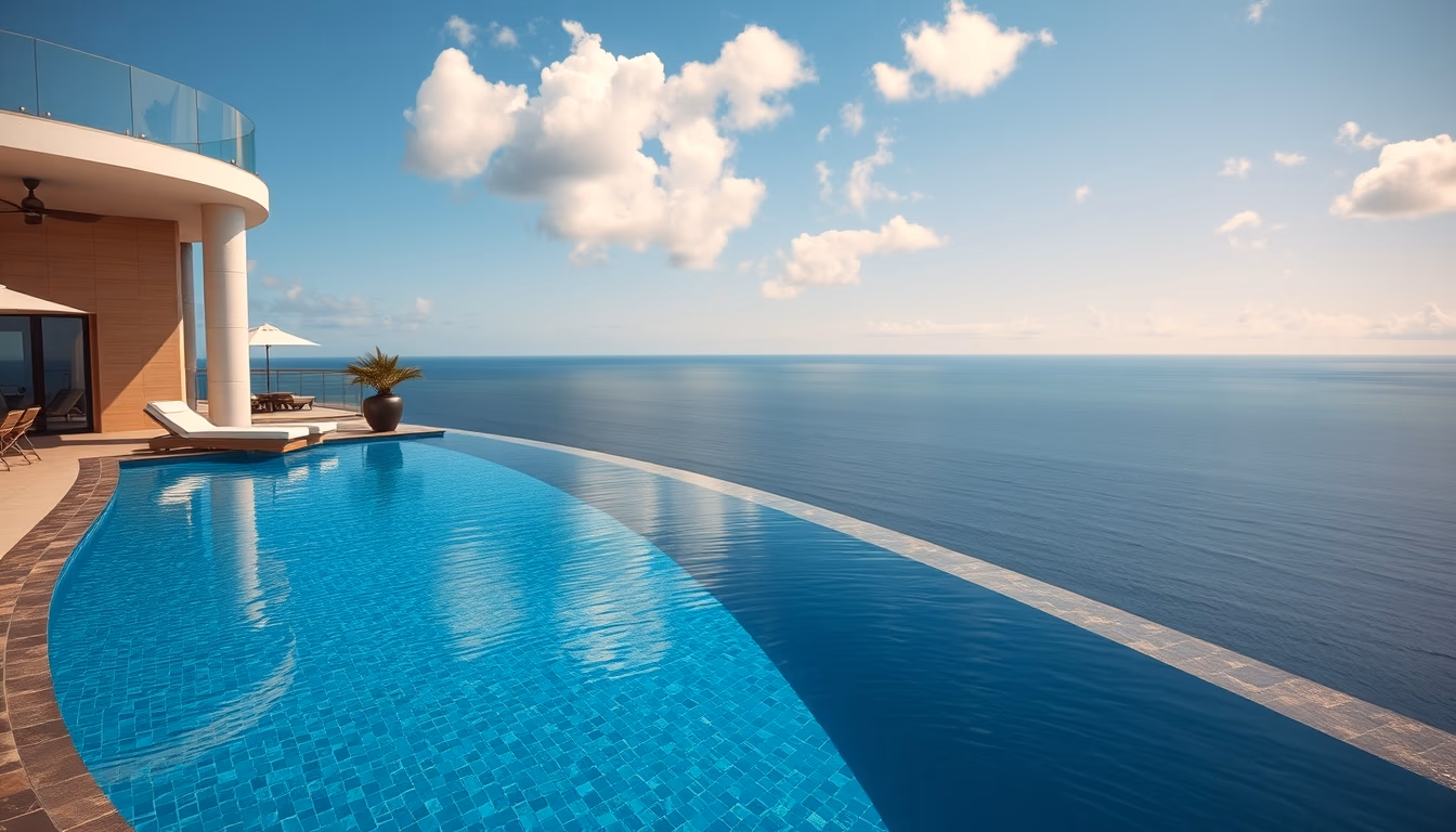 luxury hotel pool infinity edge with ocean view in editorial style