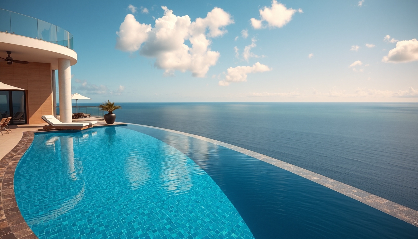 Piscina de hotel de luxo borda infinita com vista do oceano em estilo editorial
