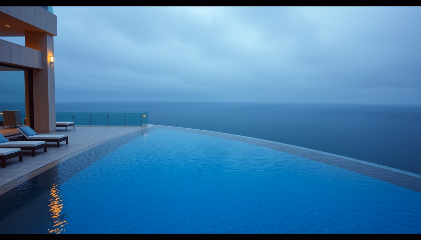 luxury hotel pool infinity edge with ocean view in editorial style