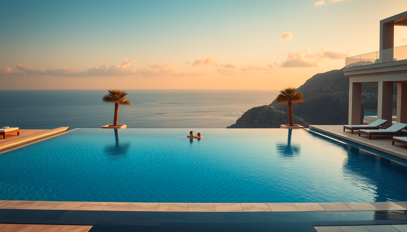 luxury hotel pool infinity edge with ocean view in editorial style