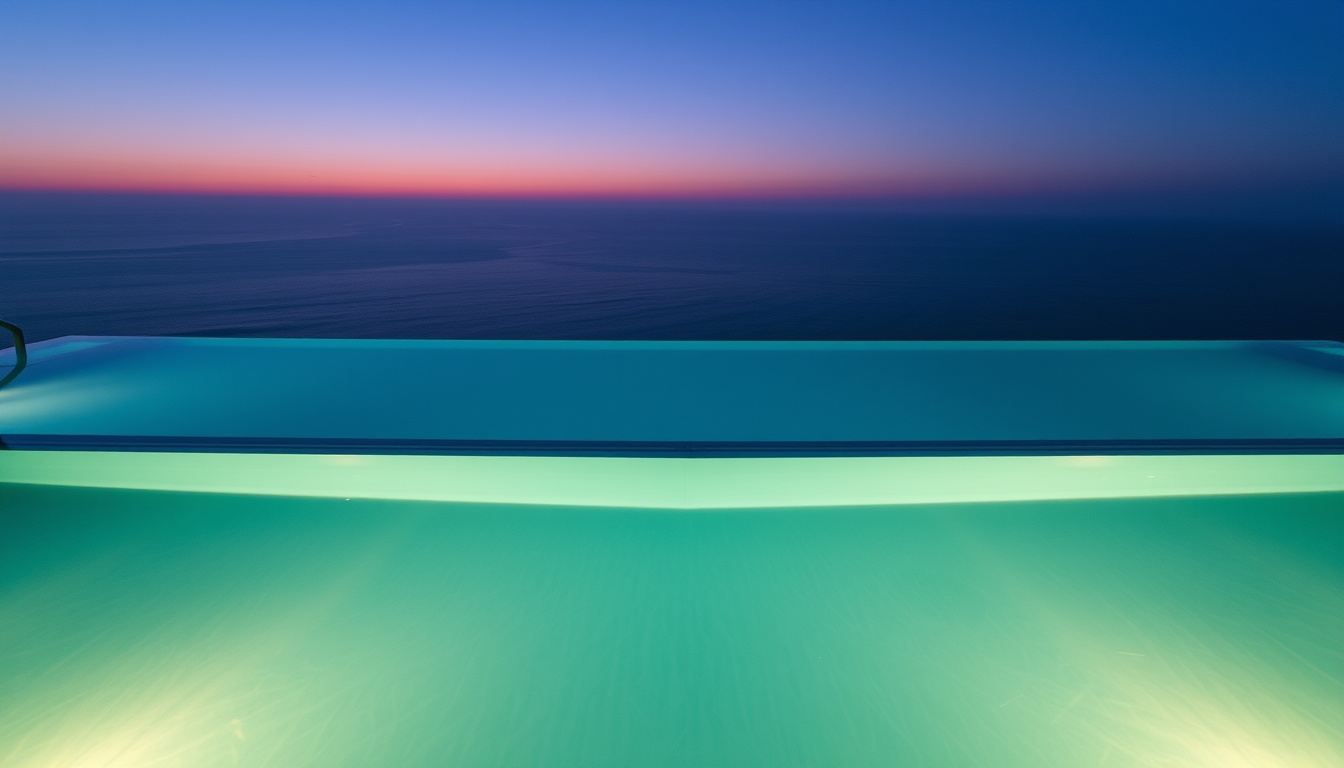 Piscina de hotel de luxo borda infinita com vista do oceano em estilo editorial