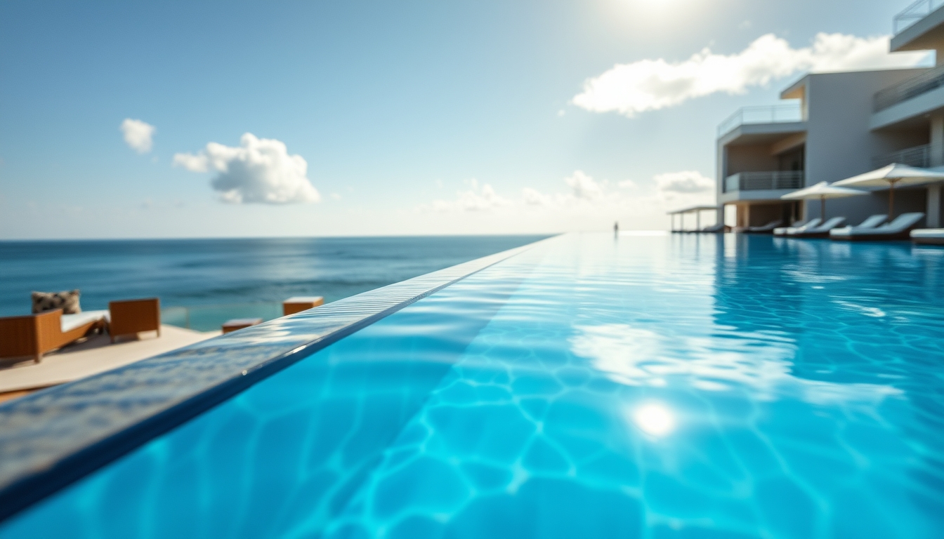 Piscina de hotel de luxo borda infinita com vista do oceano em estilo editorial