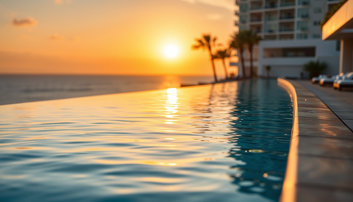 Piscina de hotel de luxo borda infinita com vista do oceano em estilo editorial