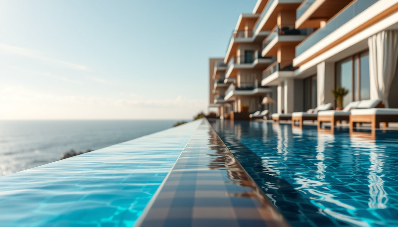 Piscina de hotel de luxo borda infinita com vista do oceano em estilo editorial