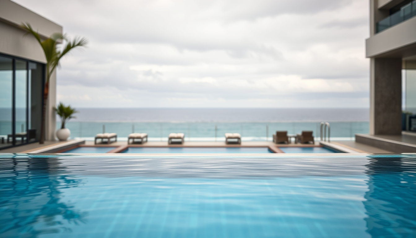 Piscina de hotel de luxo borda infinita com vista do oceano em estilo editorial
