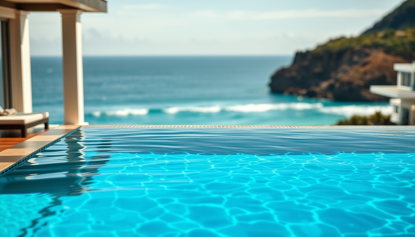 Piscina de hotel de luxo borda infinita com vista do oceano em estilo editorial