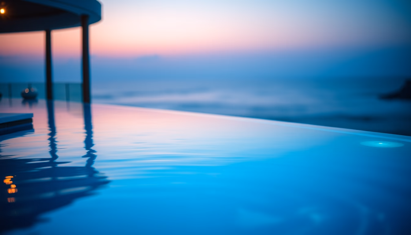 luxury hotel pool infinity edge with ocean view in editorial style