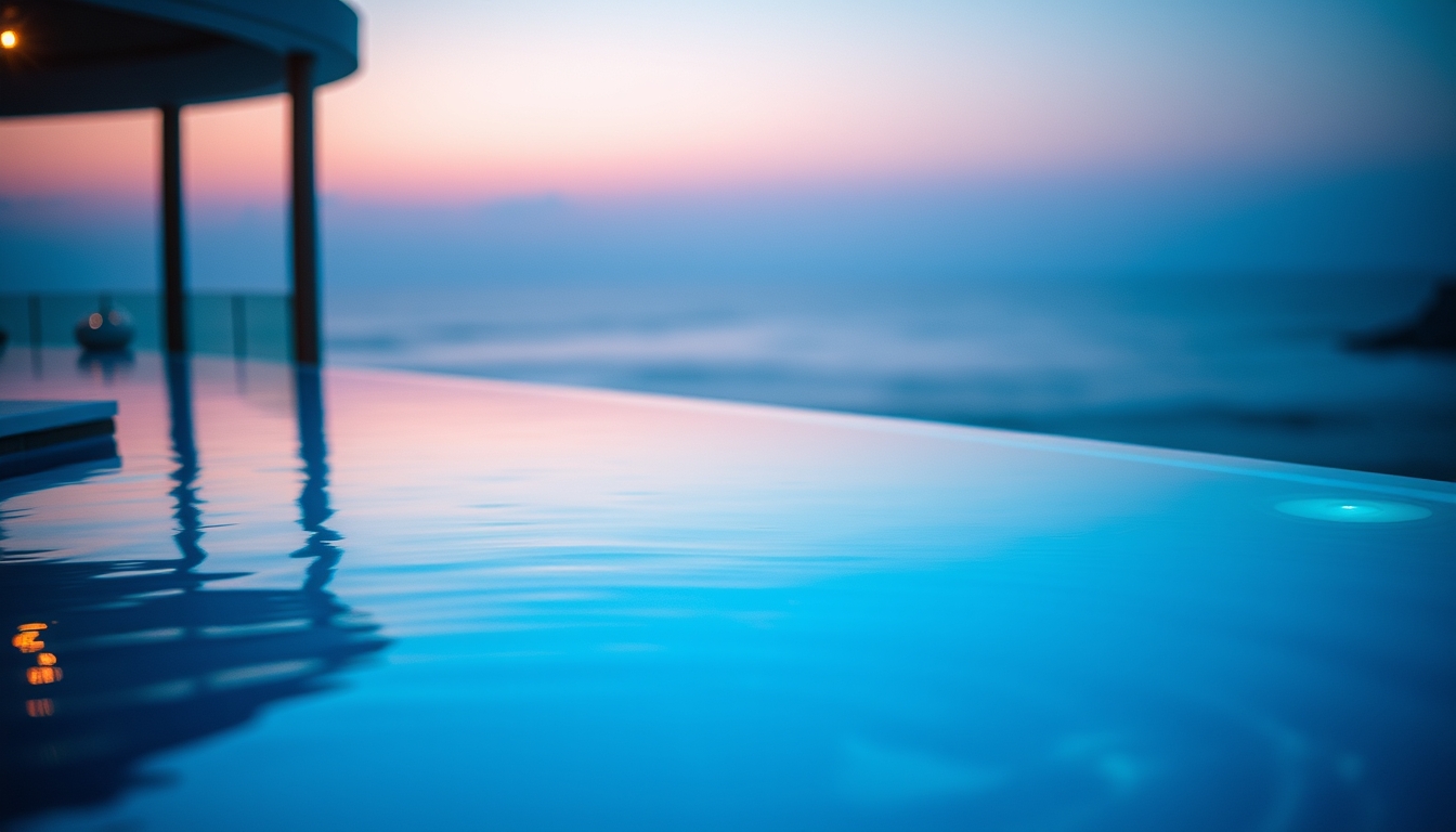 Piscina de hotel de luxo borda infinita com vista do oceano em estilo editorial