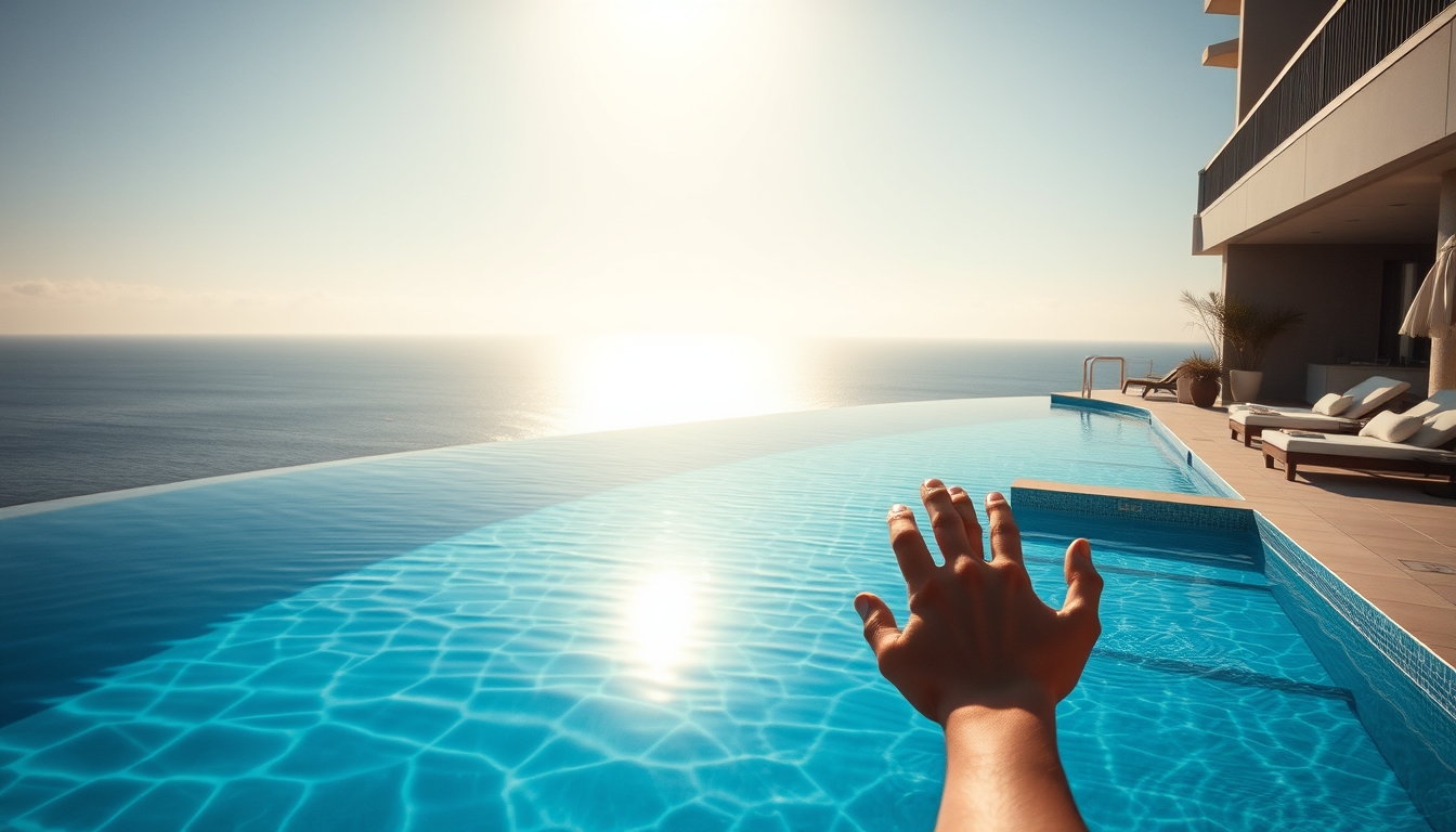 Piscina de hotel de luxo borda infinita com vista do oceano em estilo editorial